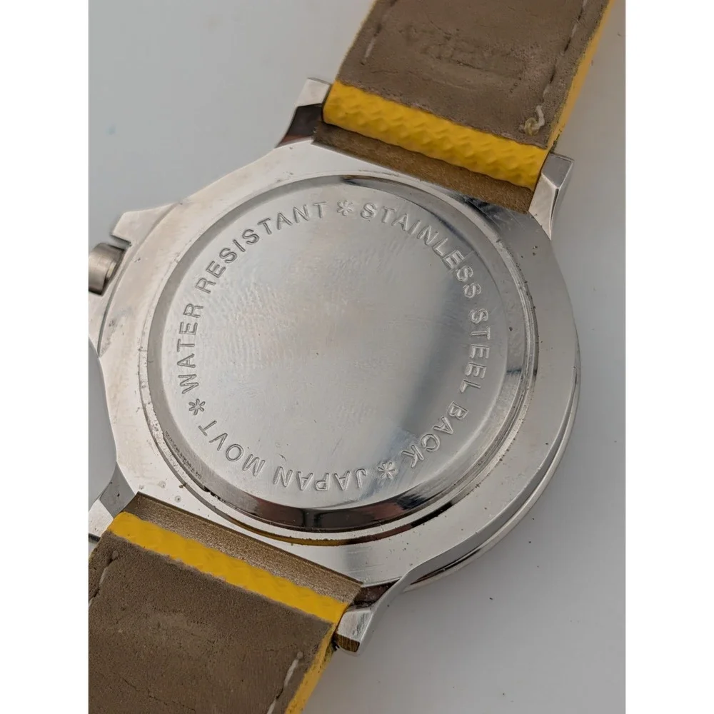 Men's Compass Artwork Dial Watch 36mm Silver Case Yellow Band- New Battery